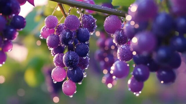 Closeup purple grapes on vine