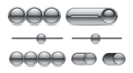 Shiny UI Controls: An array of sleek, chrome-like UI controls, a collection of user interface elements in a clean, modern design, perfect for digital applications and design.