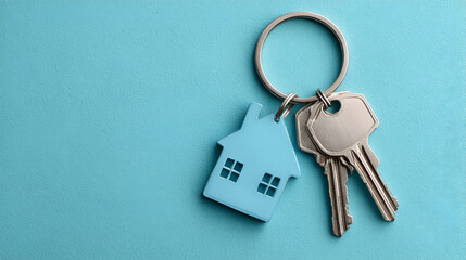 Keys and a house keychain rest on a light blue surface