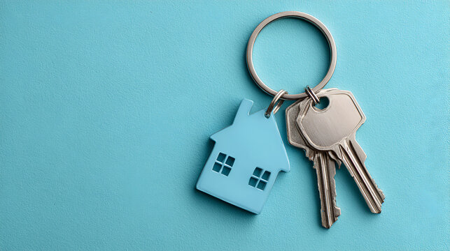 Keys and a house keychain rest on a light blue surface