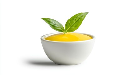 Creamy Yellow Sauce with Basil Garnish - Fresh, vibrant, delicious, healthy, and flavorful creamy yellow sauce in a small white bowl, garnished with fresh basil.