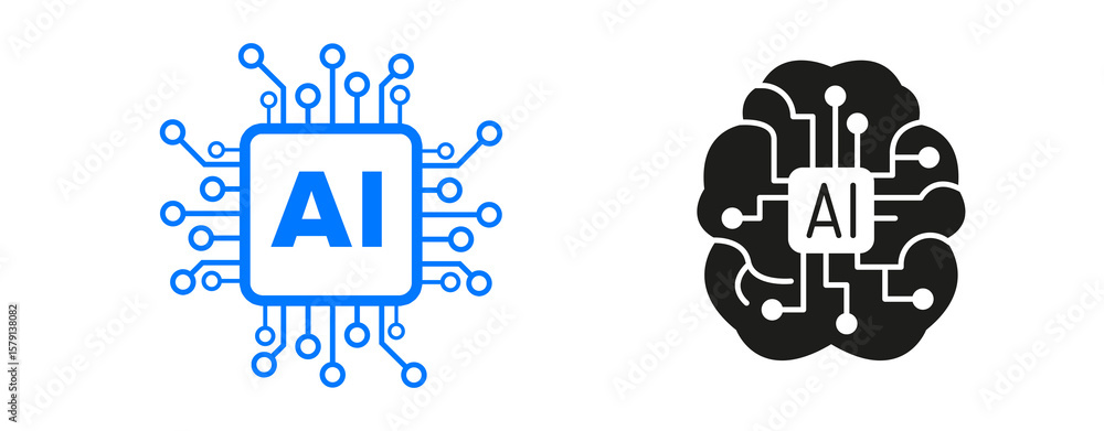 Poster two distinct icons representing artificial intelligence, one a blue circuit board chip with ai and t