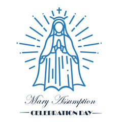 Mary text lettering handwritten and logo for the Assumption of Mary Celebration Day greeting in flat vector style. Virgin Mary icon vector. Assumption of Mary Poster, August 15
