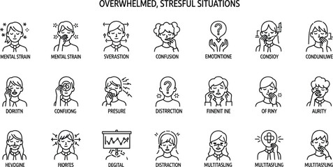 Overwhelmed, Stressful Situations line icon set. Vector pictograms of Mental strain, confusion, emotional pressure, anxiety, digital distraction, multitasking thin linear 