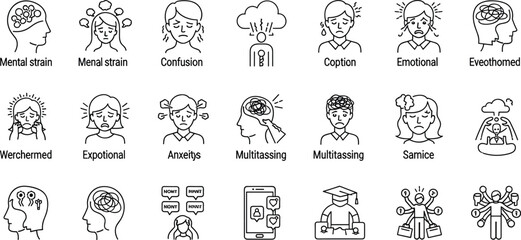 Overwhelmed, Stressful Situations line icon set. Vector pictograms of Mental strain, confusion, emotional pressure, anxiety, digital distraction, multitasking thin linear 