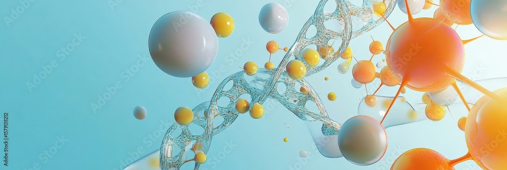 Poster dna structure and molecular bonds - abstract 3d of a dna double helix with colorful molecules, ideal