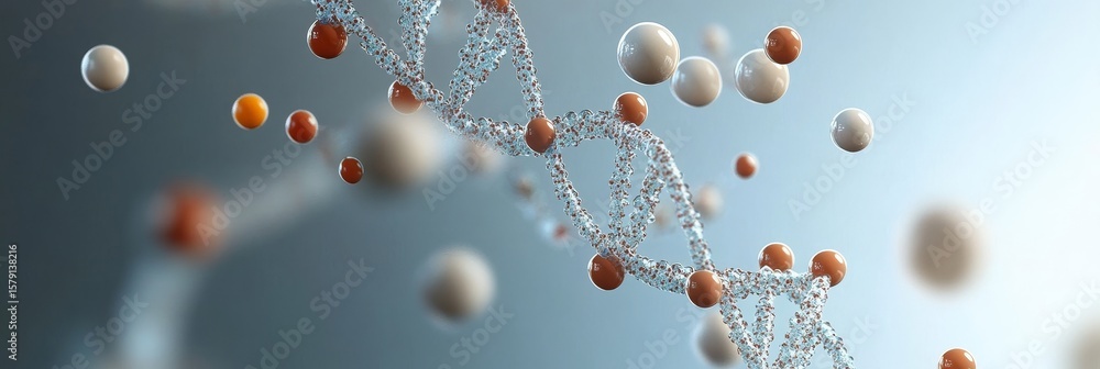 Poster dna structure and genetic code - abstract 3d of a dna double helix with floating spheres, representi
