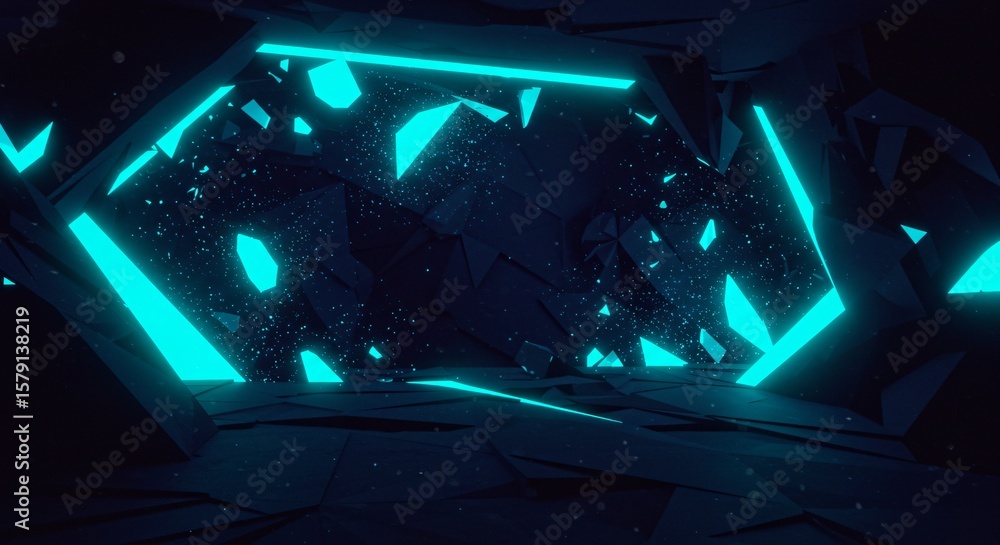 Poster abstract dark tunnel with glowing turquoise geometric shapes and scattered particles around it