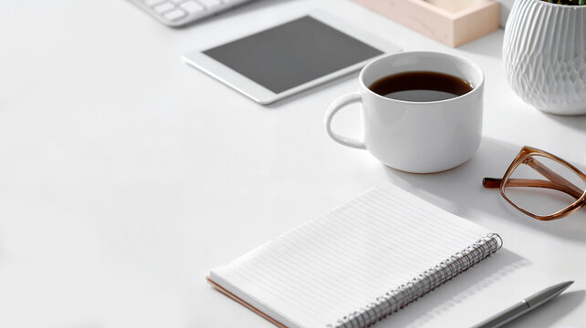 A clean workspace features a white cup of coffee alongside a notepad, glasses, tablet, and keyboard. This setup encourages focus and creativity during the work hours