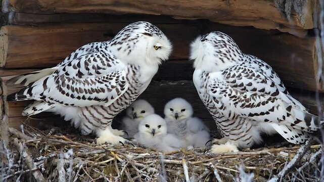 Snowy Owls and Chicks in a Nest