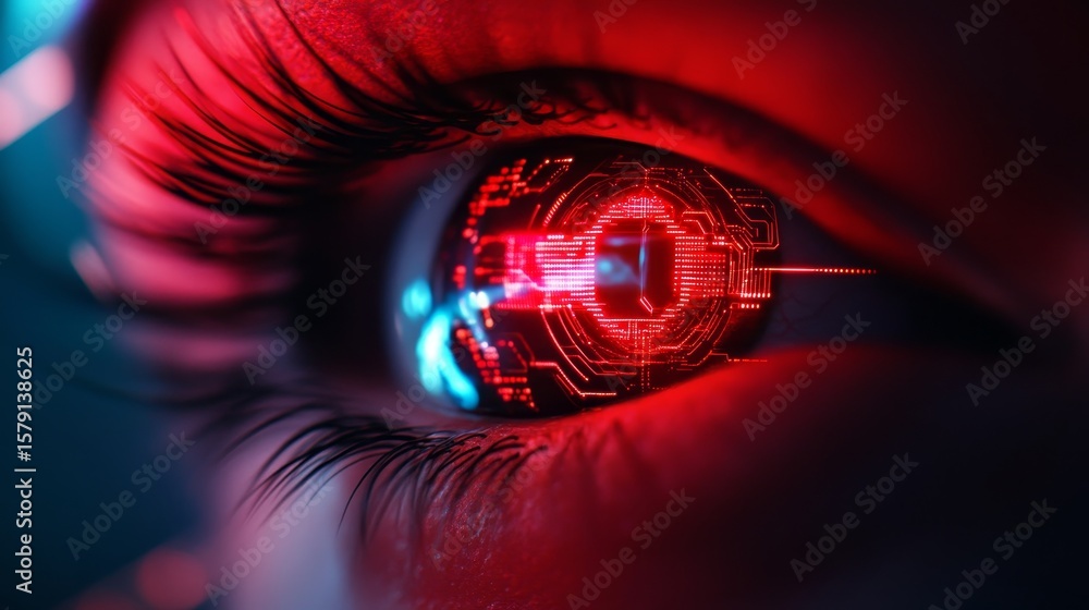 Poster eye: a close up view - close-up of a human eye with a interface overlay, showing red circuit pattern