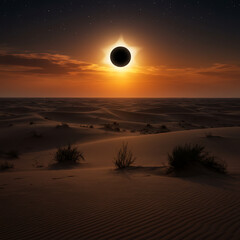 Fototapeta premium A stunning solar eclipse dramatically illuminates a vast desert landscape with sand dunes and sparse vegetation under a dramatic orange-tinged sky. 