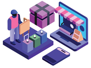Obraz premium Isometric e-commerce concept illustrating online shopping with computer and smartphone elements