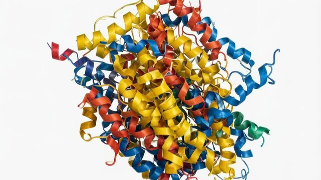Complex ribbon diagram representing a protein structure. Scientific, biological, pharmaceutical research application for visualization.
