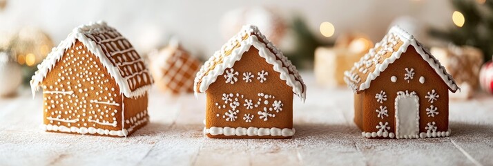 Festive Gingerbread Houses Decorated for the Holidays - Three charming gingerbread houses, each uniquely decorated with icing and sprinkles, symbolize holiday spirit, home baking, winter festivities,
