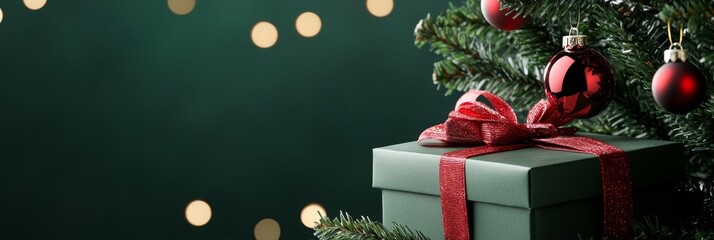Festive Green Gift Box Under Christmas Tree - A green gift box with a red ribbon sits under a decorated Christmas tree against a dark green background