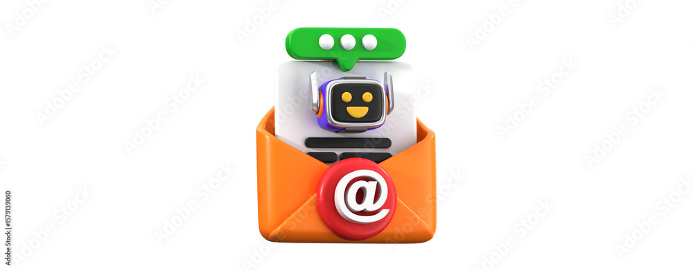 Poster a friendly chatbot emerges from an orange envelope, symbolizing digital communication and customer s