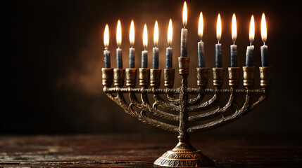 Lit menorah with nine candles in a dim shadowy setting