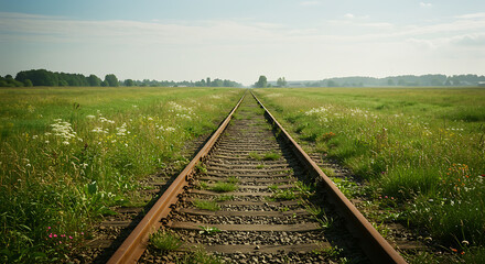 Obraz premium Old rusty train tracks stretch straight through a vast green field under a clear sky, symbolizing journey, progress, and rural transport. 