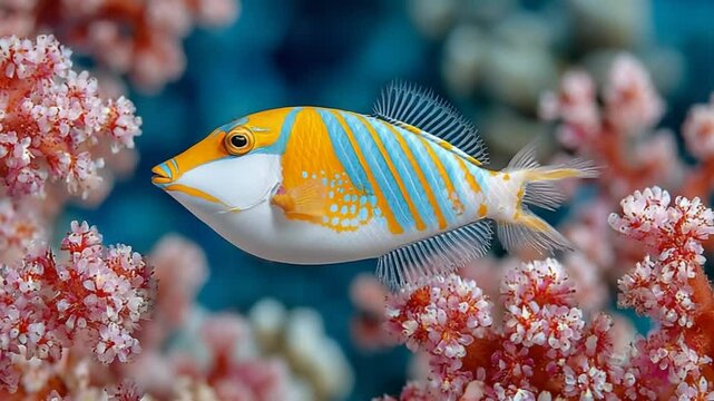 Striking Orange And Blue Striped Fish Swimming Near Pink Coral In a Vibrant Underwater Scene With Beautiful Lighting