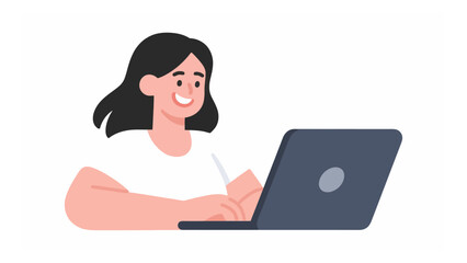 A happy woman with black hair is working on her laptop wearing a white shirt, showcasing a vector illustration of modern lifestyle and technology