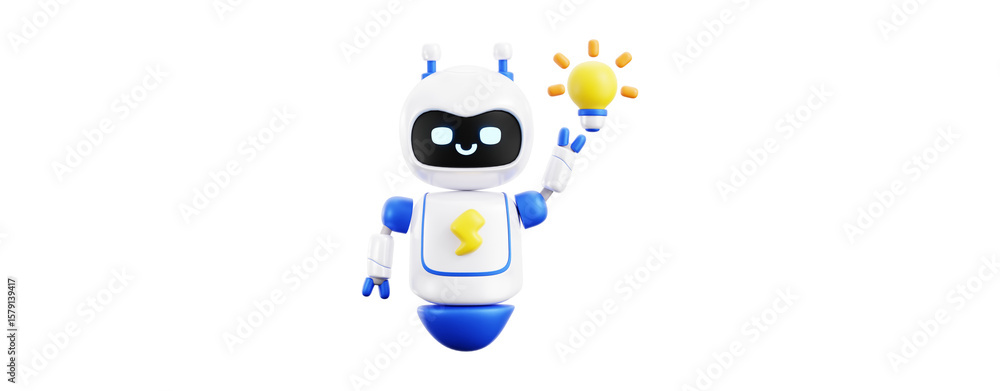 Fototapete a cute robot holds a glowing lightbulb, representing a brilliant idea or innovation isolated on tran