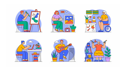 Creative hobbies and artistic pursuits featuring diverse individuals engaging in painting, crafting, writing, playing music, and other creative activities