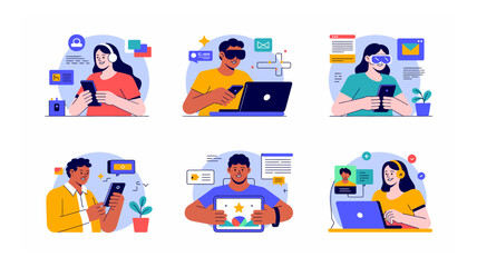 Fototapeta premium Diverse group of people engaging with digital devices in vector illustrations showcasing modern communication and technology use in everyday life