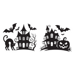 Halloween hunter house with bat, pumpkin and black cat vector art.