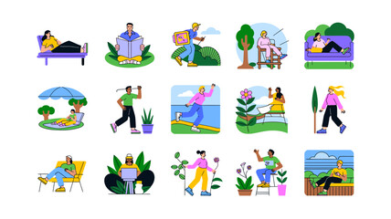 Fototapeta premium Diverse group of people enjoying outdoor activities in various settings in a vector illustration for relaxation and leisure