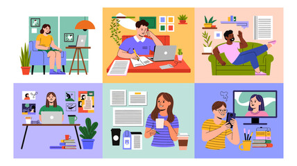 Diverse group of people work remotely at home using laptops and online communication tools for virtual meetings and collaborative projects