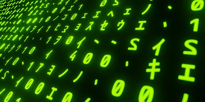 Futuristic green digital rain pattern on dark background, matrix-style cyber code concept for technology and programming themes. 3D rendering.