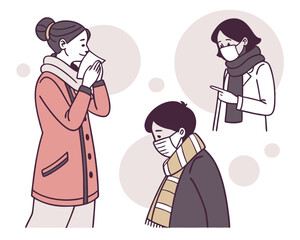 People in winter clothing dealing with sickness or wearing protective face masks