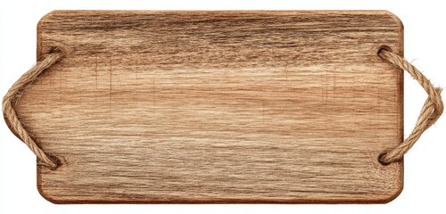 Rustic rectangular wooden serving tray with rope handles, showing wood grain and subtle variations in tone
