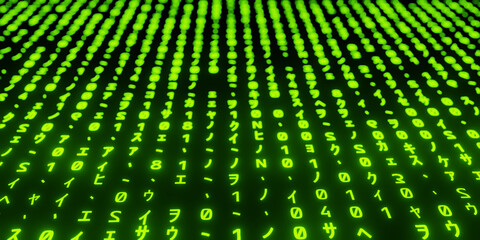 Futuristic green digital rain pattern on dark background, matrix-style cyber code concept for...