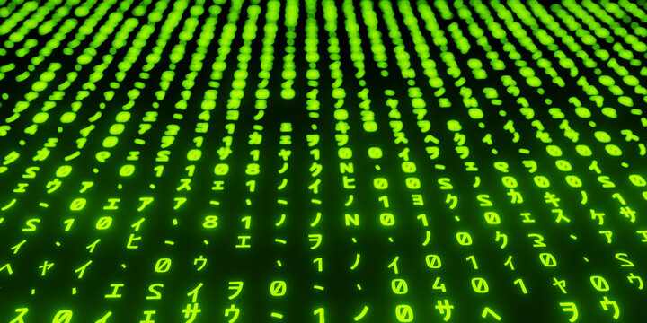 Futuristic green digital rain pattern on dark background, matrix-style cyber code concept for technology and programming themes. 3D rendering.