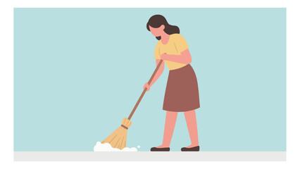 Fototapeta premium Woman sweeping the floor with a broom in a clean and minimalist illustration style, perfect for depicting cleanliness and domestic tasks