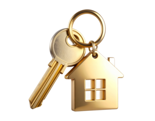 Floating Golden Key and House Keychain with Soft Glow, transparent background