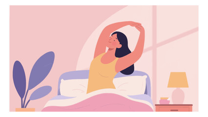 Obraz premium Woman stretching in bed after waking up in the morning with sunlight streaming through the window