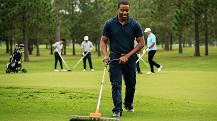 A Smiling African American Male Golf Course Greenkeeper Maintaining the Grass with Tools While Other Golfers Practice in the Background at a Scenic Course