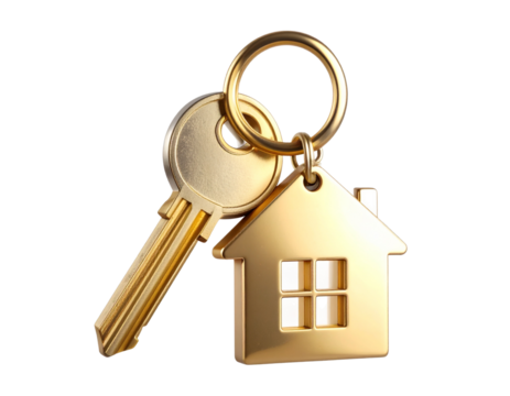 Floating Golden Key and House Keychain with Soft Glow, transparent background