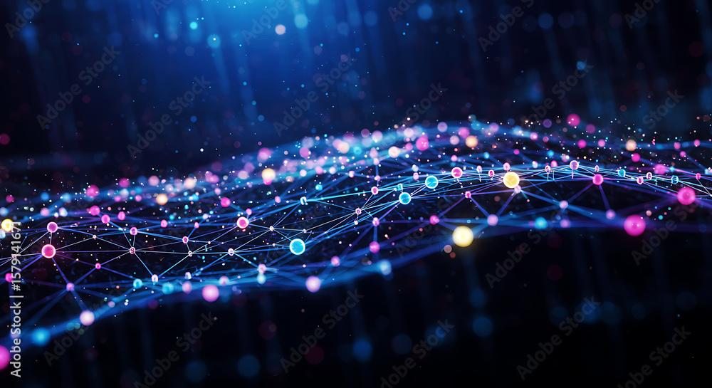 Aufkleber an abstract visualization of a digital network with glowing interconnected dots and lines, represent