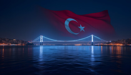 Naklejka premium Turkish flag over bridge nighttime view
