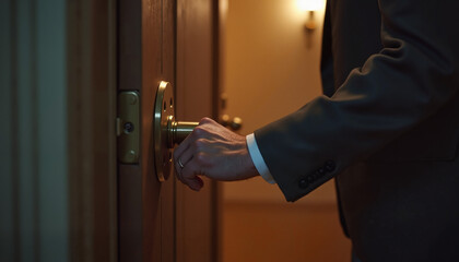Hand opening door with a golden doorknob
