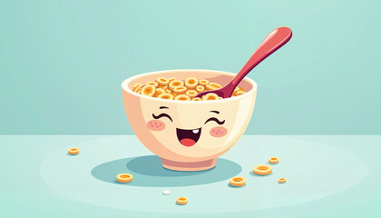 Happy cartoon bowl of cereal on light blue background
