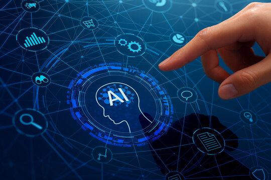 Hand pointing at AI icon with connected digital network symbols for smart technology interface