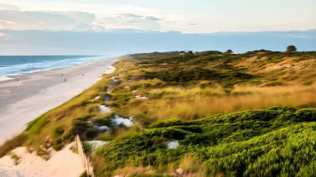 Sandy beach vista with dunes, sea oats, and rolling waves on a bright day with dramatic cloud formations.