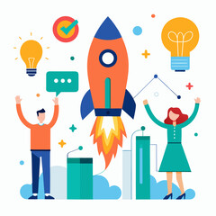 Flat Design Illustration of Rocket, Lightbulb, Growing Graph and Team Cheering – Business Innovation and Growth Concept for Presentations and Marketing

