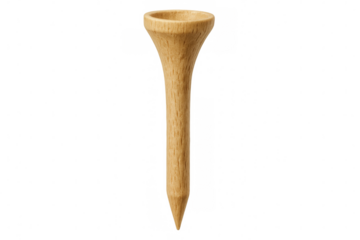 Wooden golf tee positioned vertically, isolated on transparent surface, awaiting precise stroke