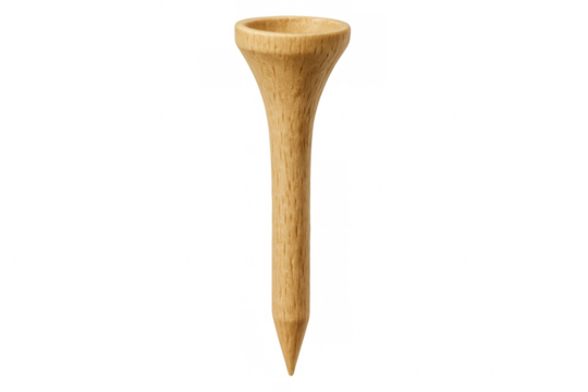 Wooden golf tee positioned vertically, isolated on transparent surface, awaiting precise stroke